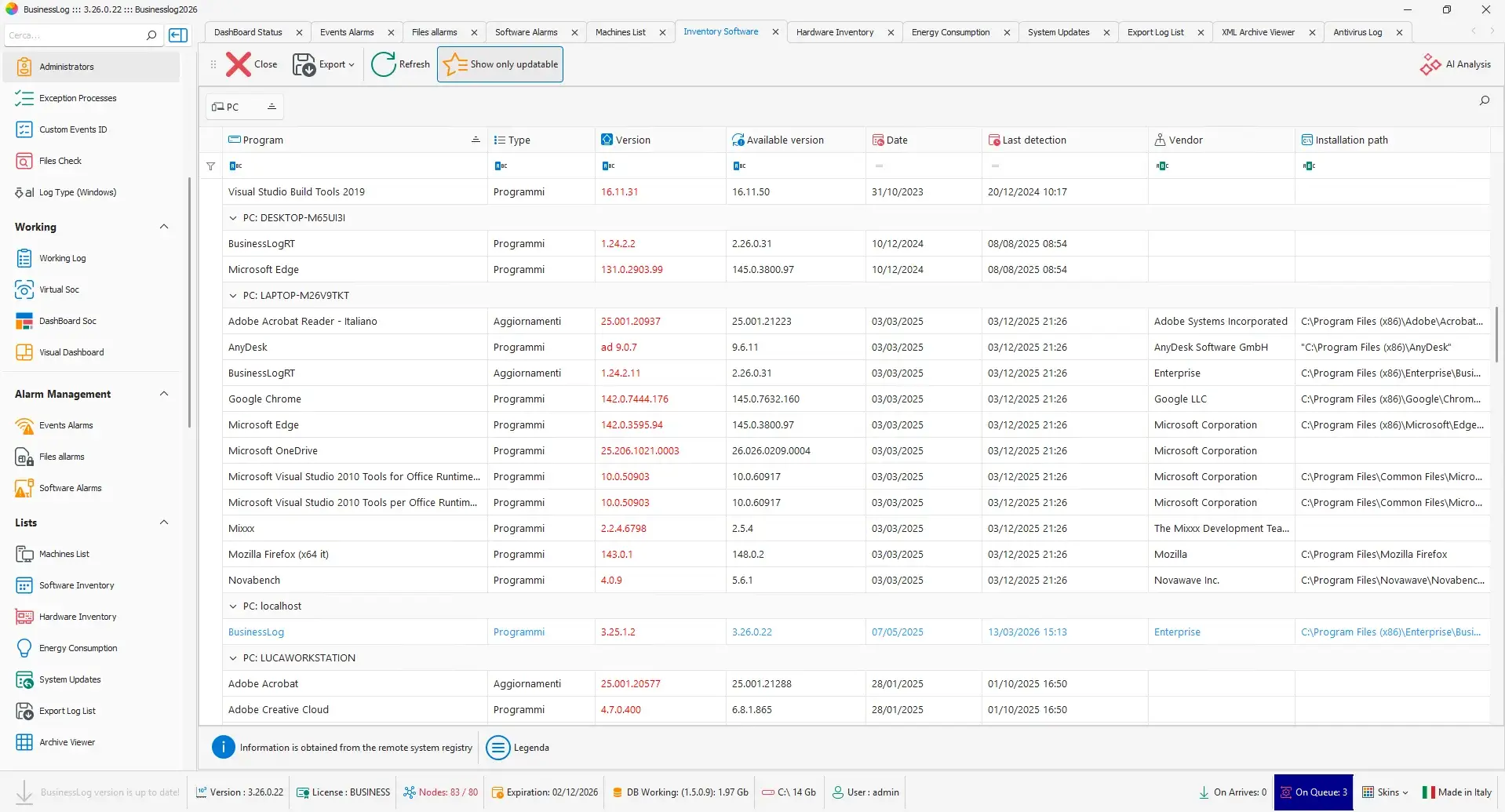 Software inventory and version comparison